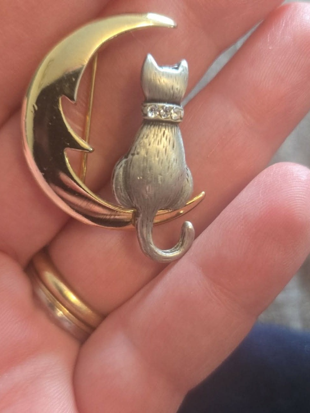 Cat on Moon Brooch Pin - Two-Tone Silver & Gold